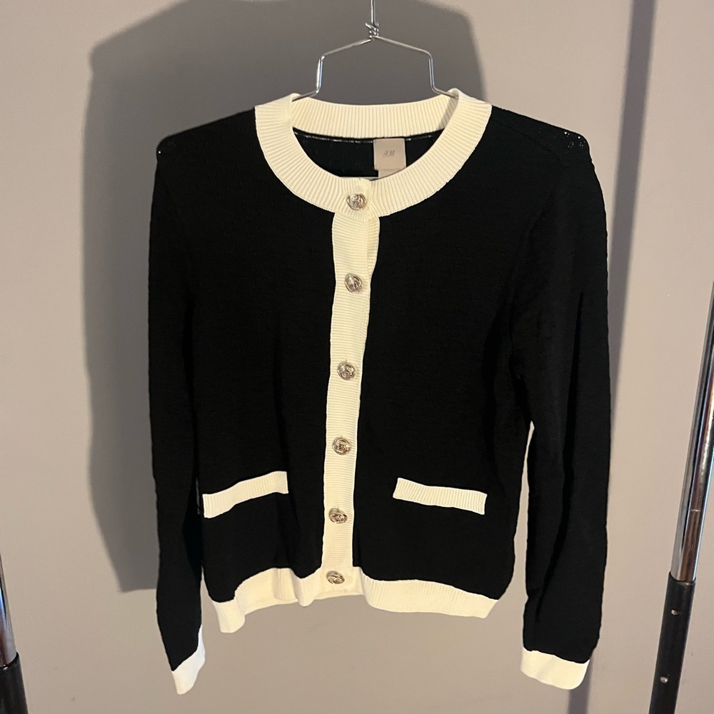 H&M Elegant Black Cardigan with Cream Trim